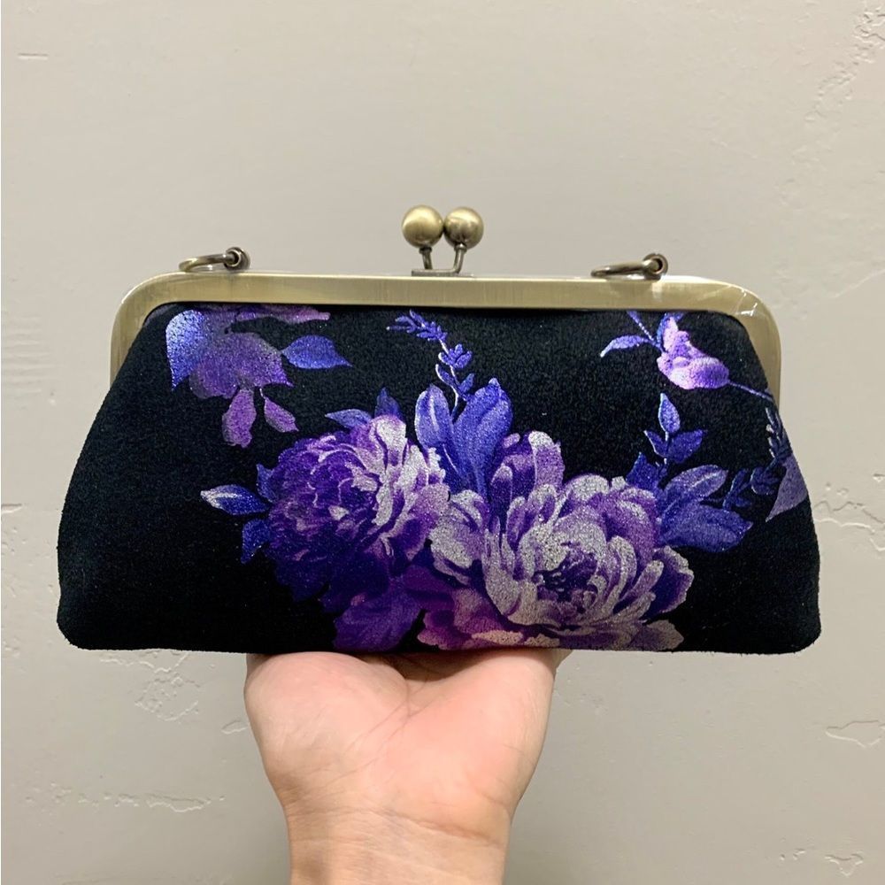 3-Way Use Handmade Genuine Floral Printed Leather kisslock Clutch/Crossbody